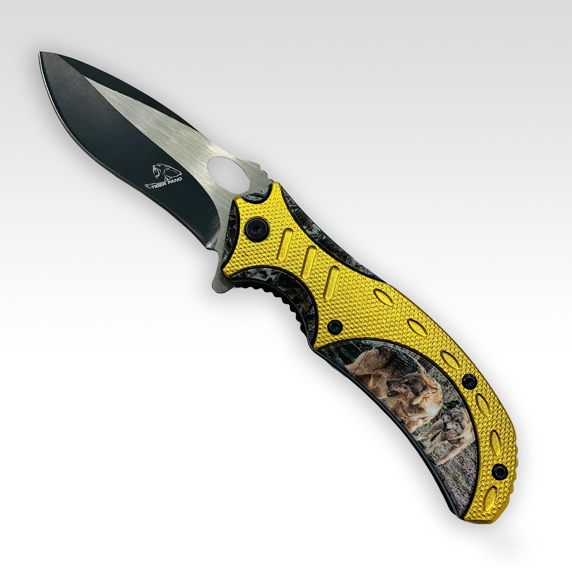 Tiger Fang Spring-Assist Tactical Folding Knife Wolves Design