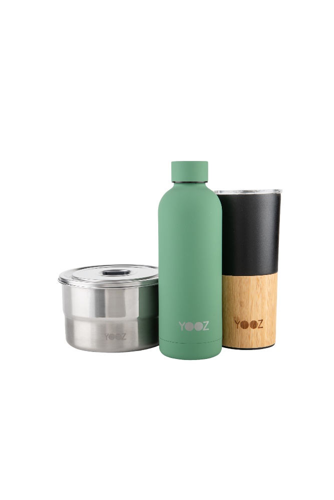 On-the-go essentials kit- bottle, travel mug, and round food container