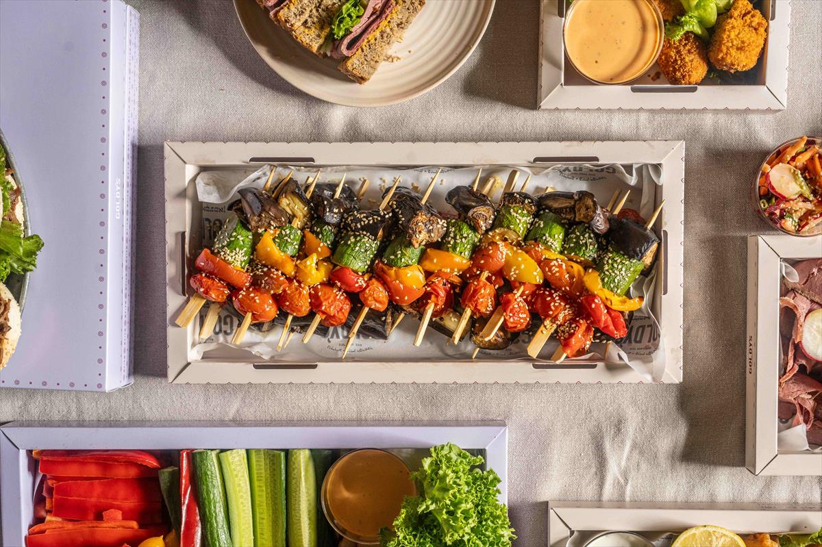 A tray of antipasti skewers
