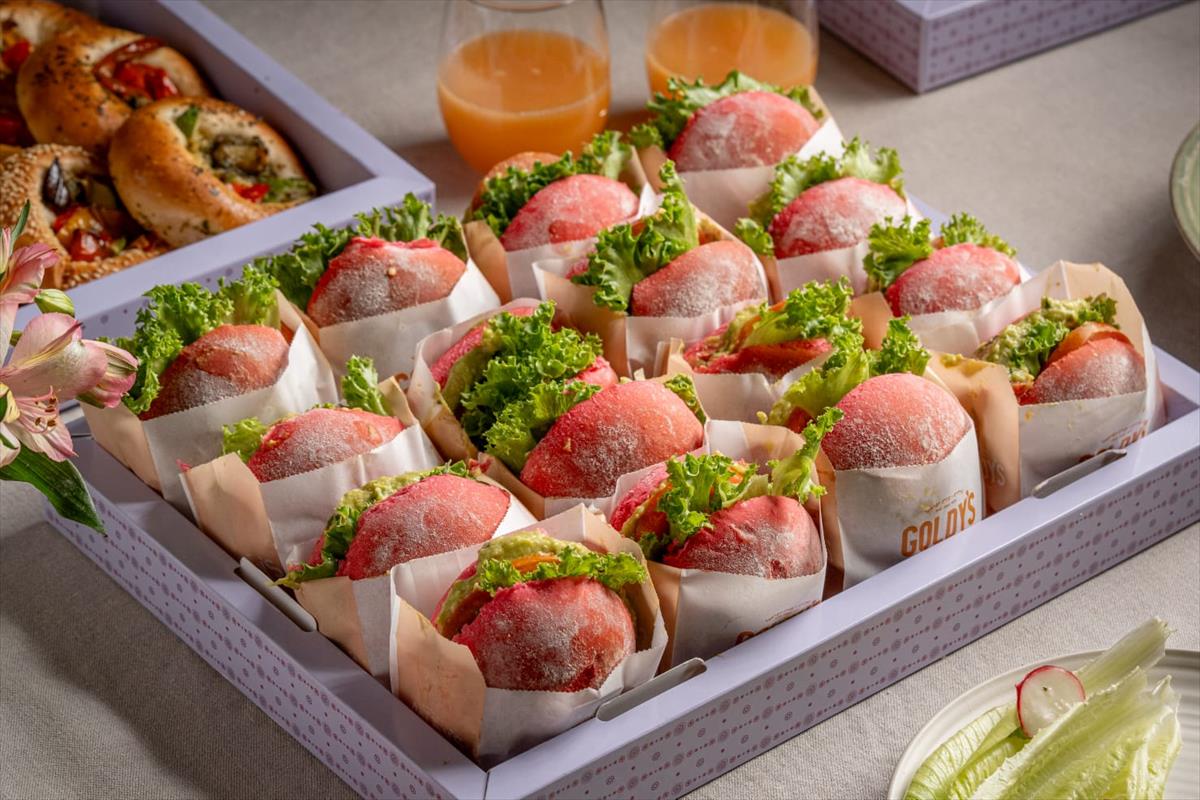 A tray of bite-size rolls with Avocado & Egg salad
