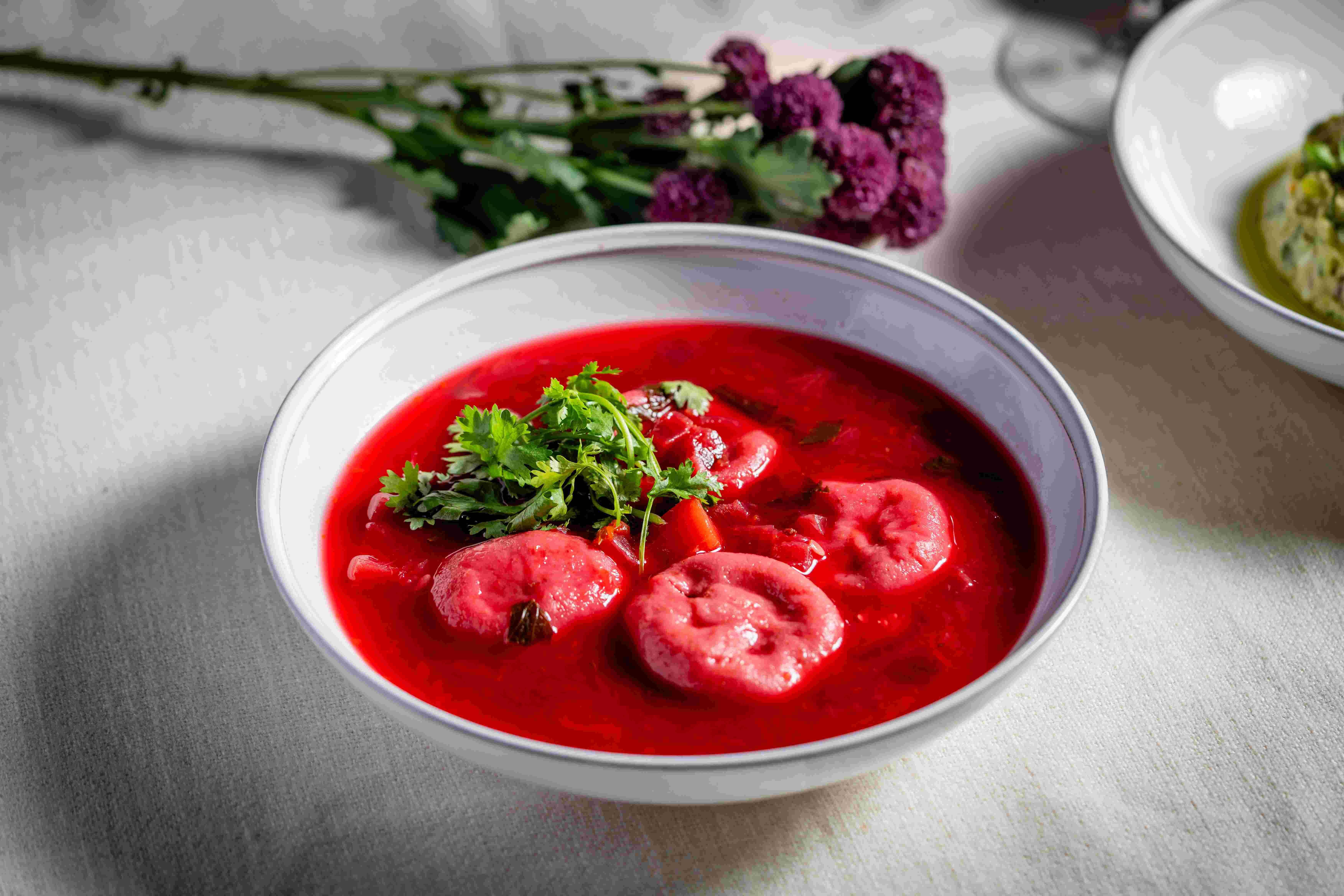 Beef beet kubbeh soup