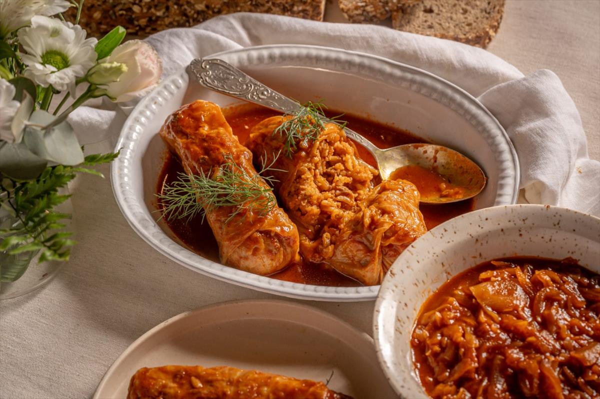 Cabbage stuffed with meat and rice in a classic tomato sauce