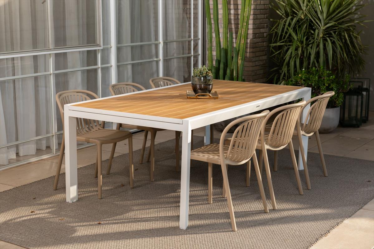 מנהטן | שולחן אוכל אלומיניום לבן דמוי עץ + 6 כסאות נפטון ללא ידיות