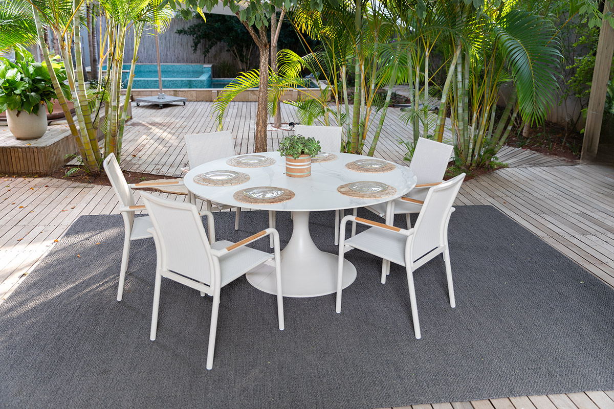 ורונה | שולחן עגול (פשתן) + 6 כיסאות אייר (פשתן)