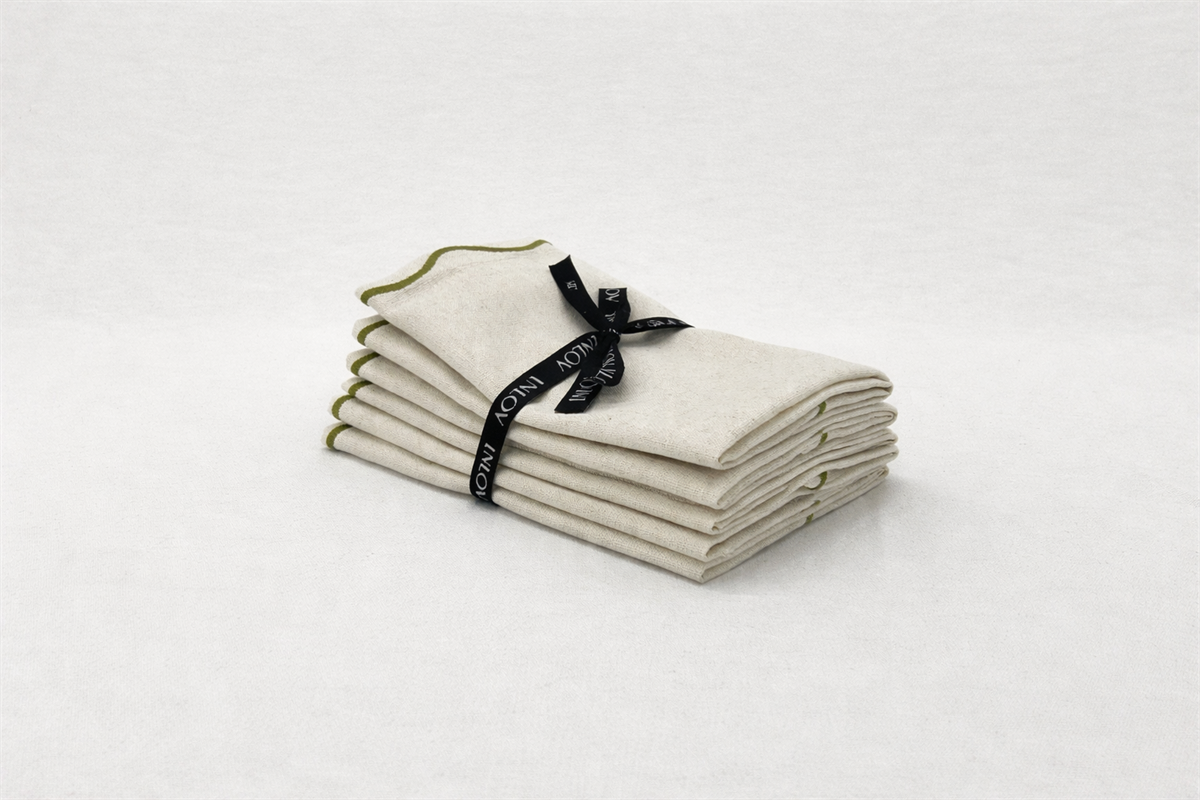 מפית פשתן טבעי מסגרת פס רקמה ירוק