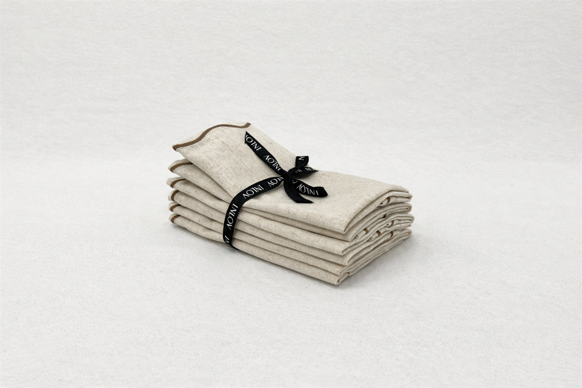 מפית פשתן טבעי מסגרת פס רקמה חום