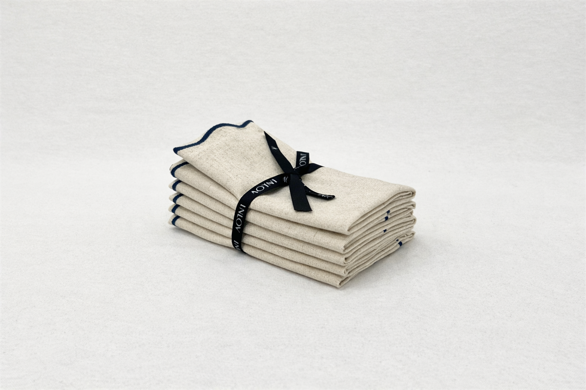 מפית פשתן טבעי מסגרת פס רקמה כחול כהה