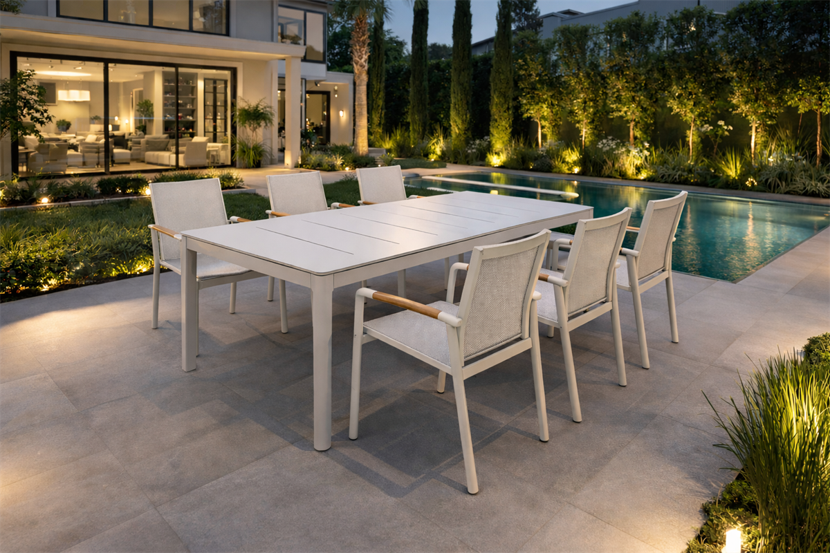 באטרפליי | שולחן אוכל אלומיניום שמפניה +6 כיסאות אייר (פשתן)