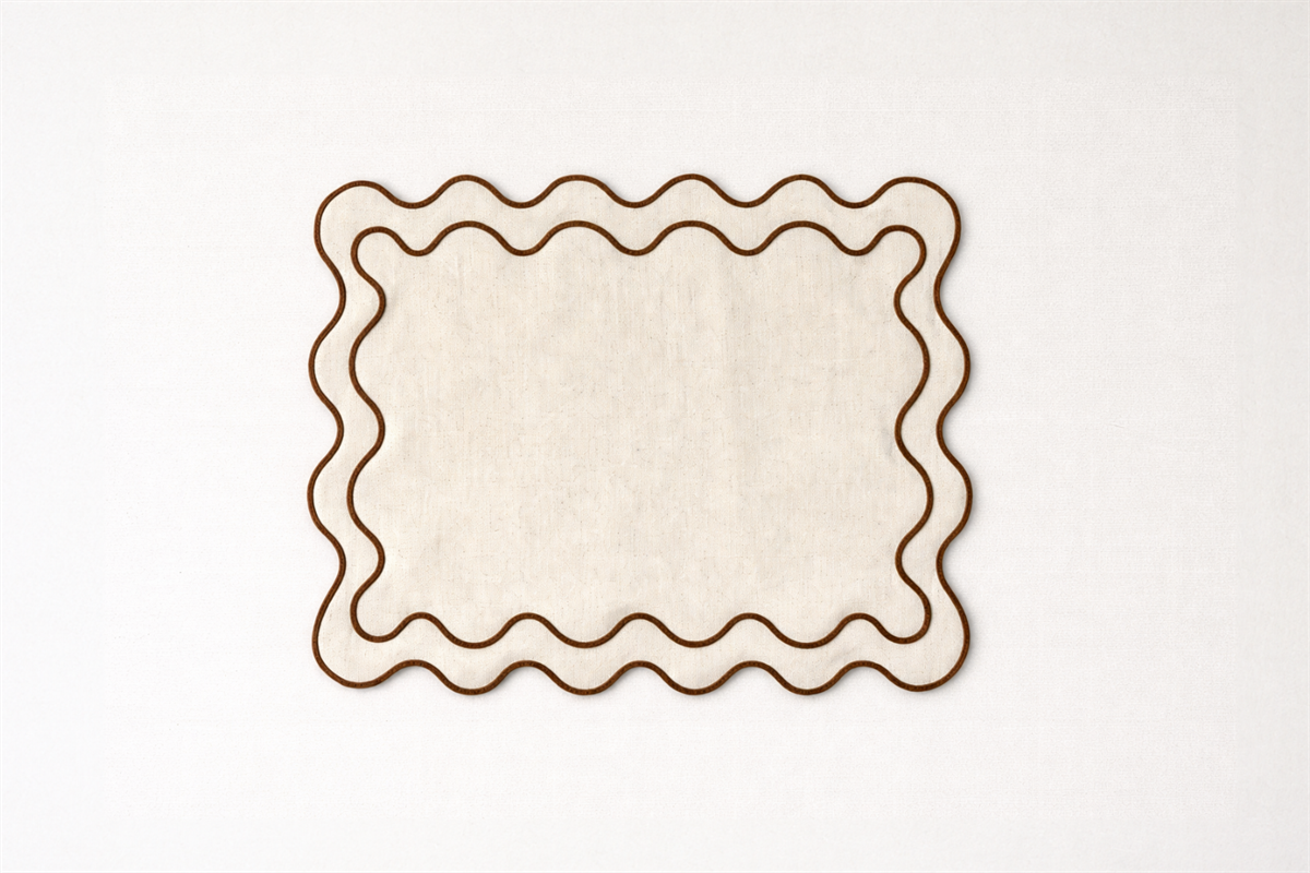 6 יח׳ פלייסמט פשתן טבעי מסגרת פס רקמה חום