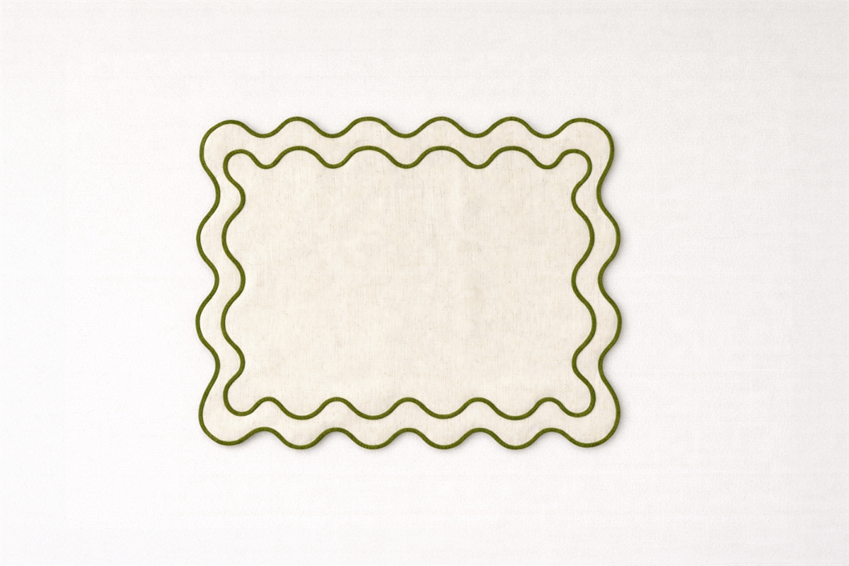 6 יח׳ פלייסמט פשתן טבעי מסגרת פס רקמה ירוק