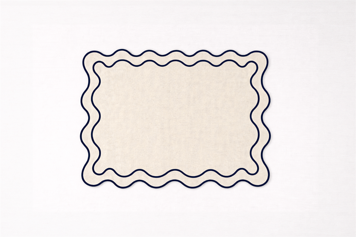 6 יח׳ פלייסמט פשתן טבעי מסגרת פס רקמה כחול כהה