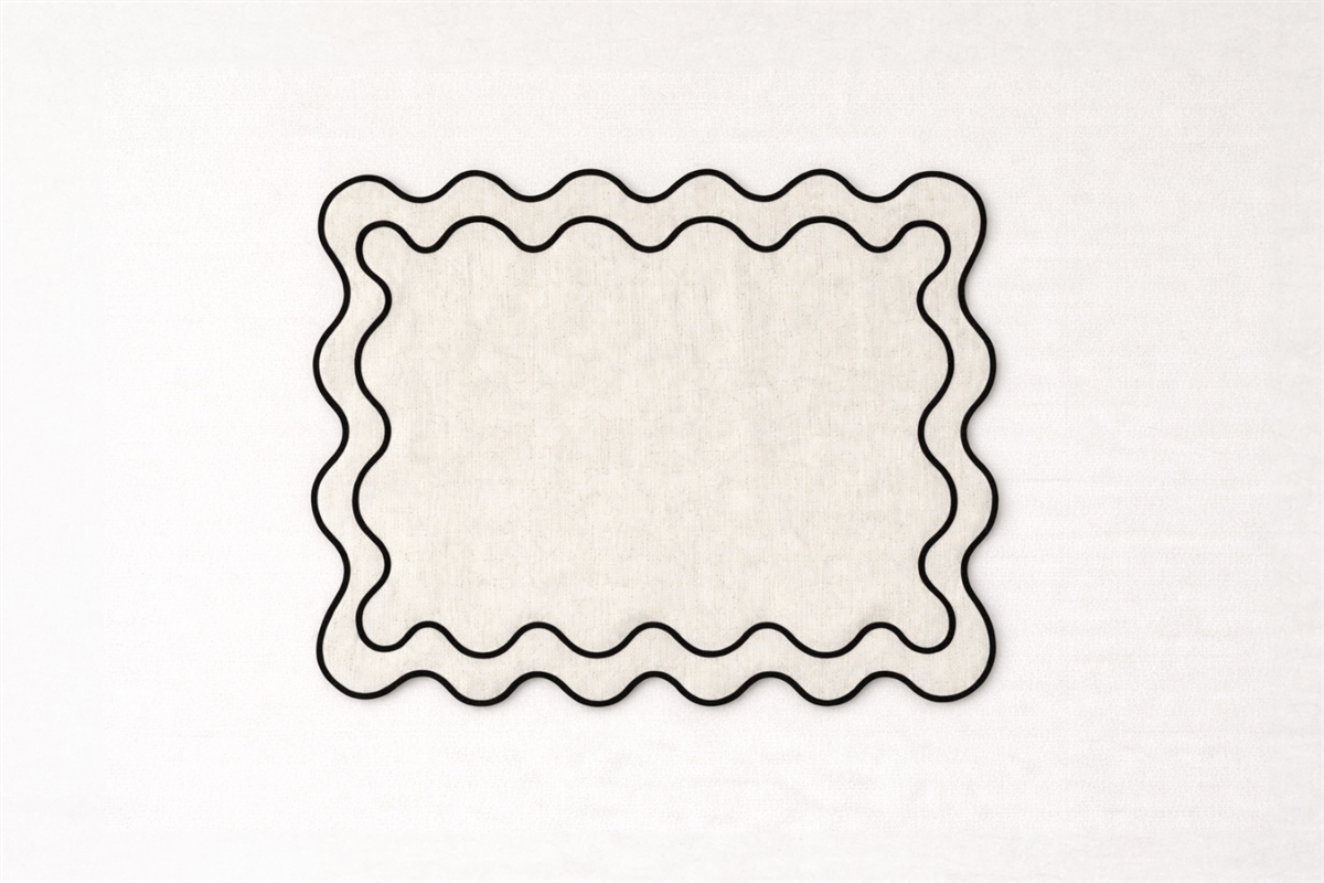 6 יח׳ פלייסמט פשתן טבעי מסגרת פס רקמה שחור