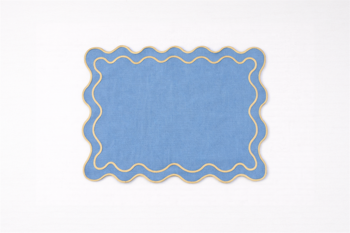 6 יח׳ פלייסמט פשתן תכלת מסגרת פס רקמה בז׳