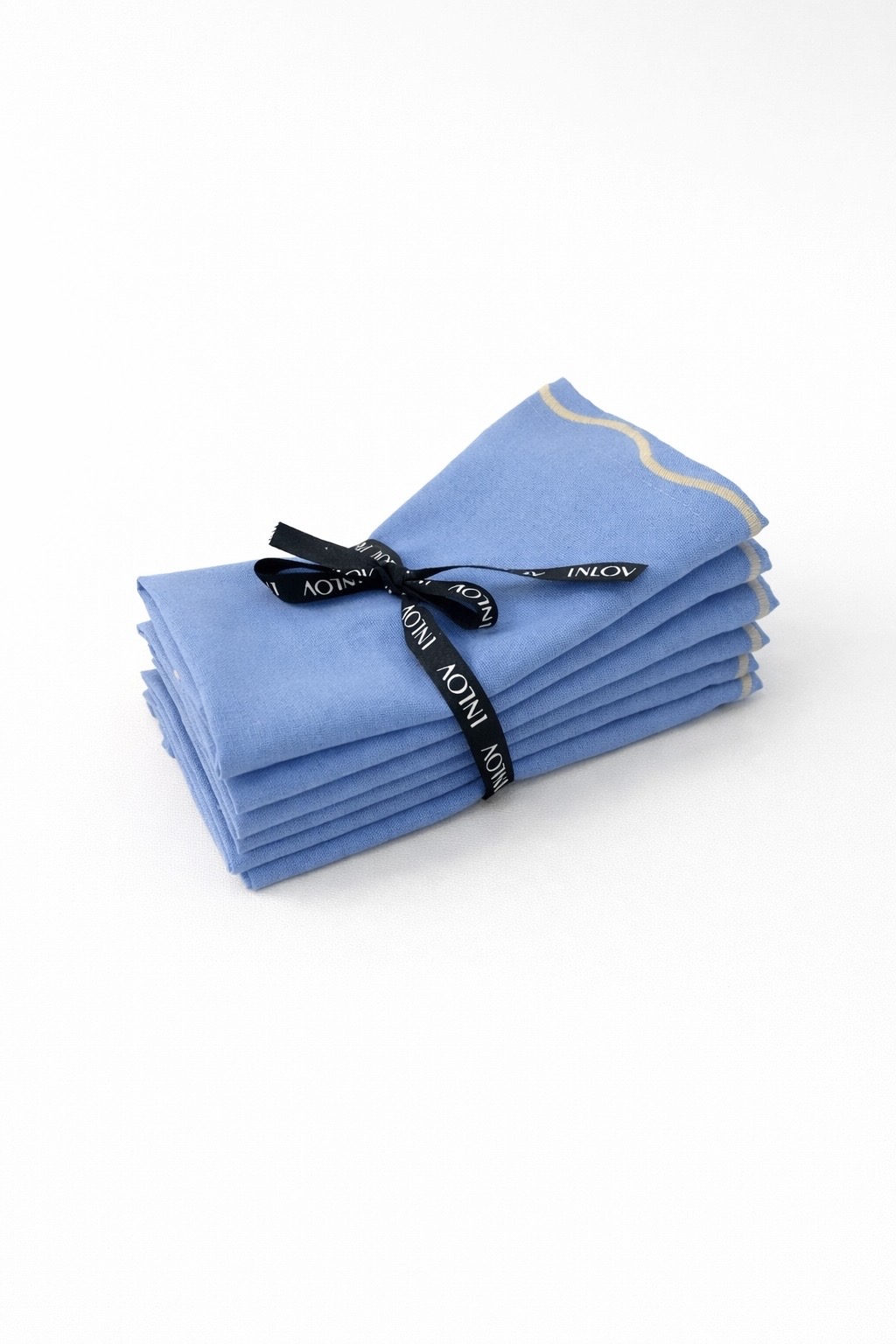 מפית פשתן תכלת מסגרת פס רקמה בז׳