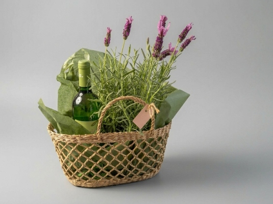 מארז יין ועציץ בסל קש