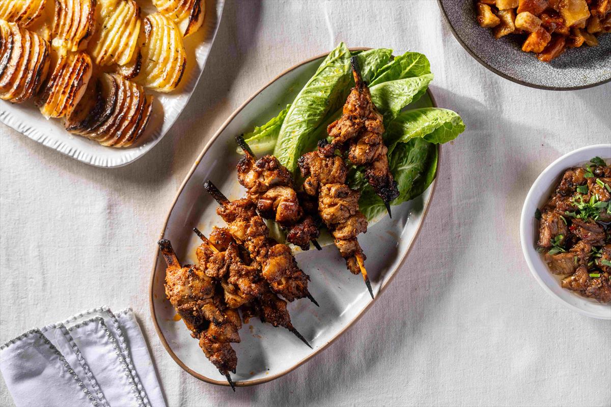 Grilled chicken leg skewer